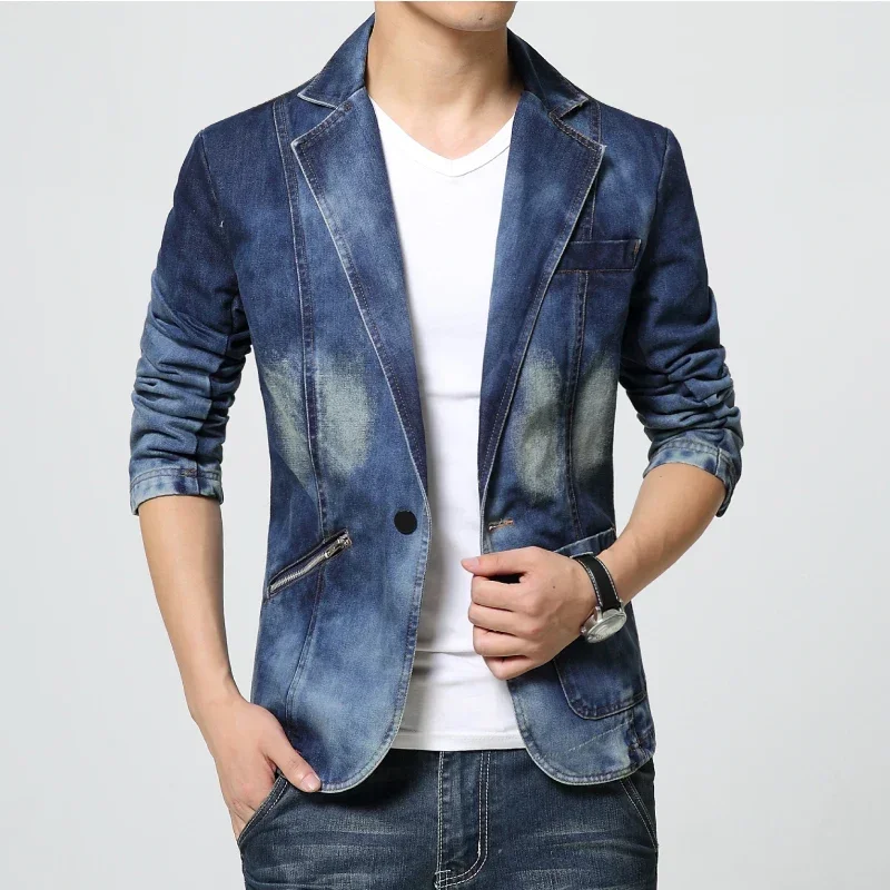 Denim Suit Jacket Brand Men's New Men's Slim Denim Jacket Single Button Casual Jaqueta Slim Suit Blazer Men