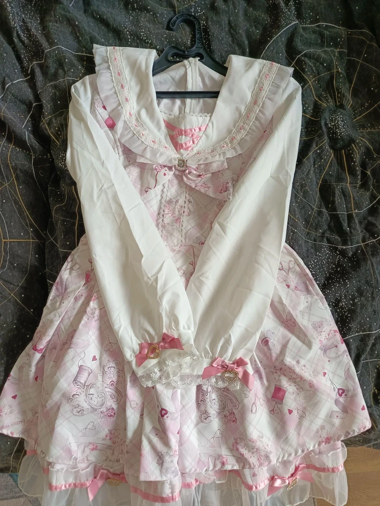 Japanese Sweet Lolita Kawaii Dress Women Spring Printed Bow Design Fake Two Piece Dress