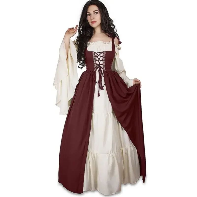 

Halloween Women European Medieval Court Fancy Vampire Cosplay Costume Carnival Vintage Strapless Long Sleeve Queen Elegant Dress