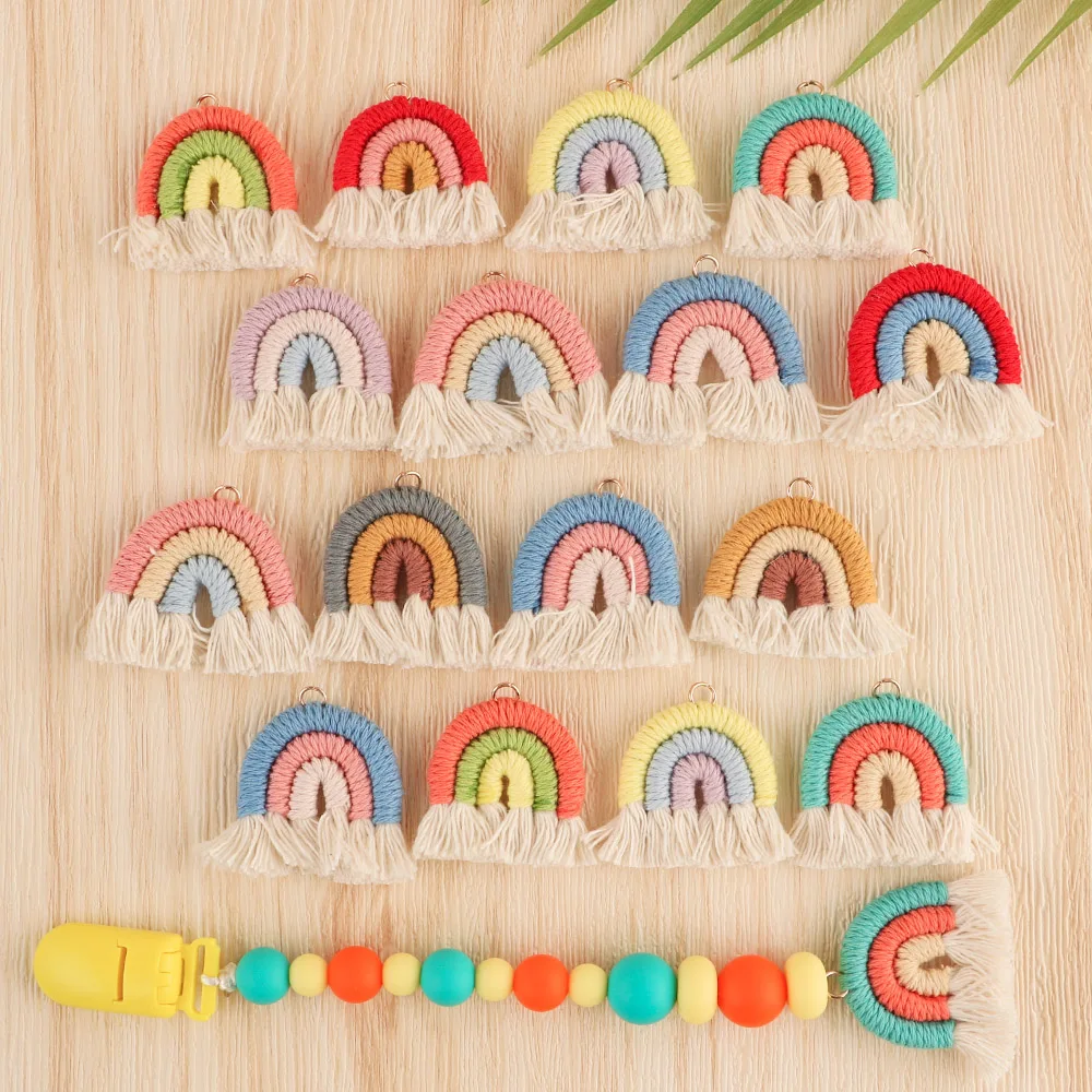Teething Beads 20/50/100Pcs Handmade Woven Cotton Rope Rainbow Tassels Bead Boho Style Pendants Rainbow Keychain Jewelry Making Accessories