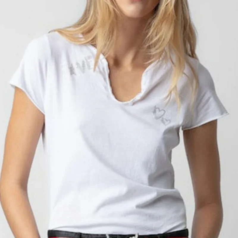 

Новинка весна-лето 2024, Женская Повседневная белая футболка с U-образным вырезом и коротким рукавом