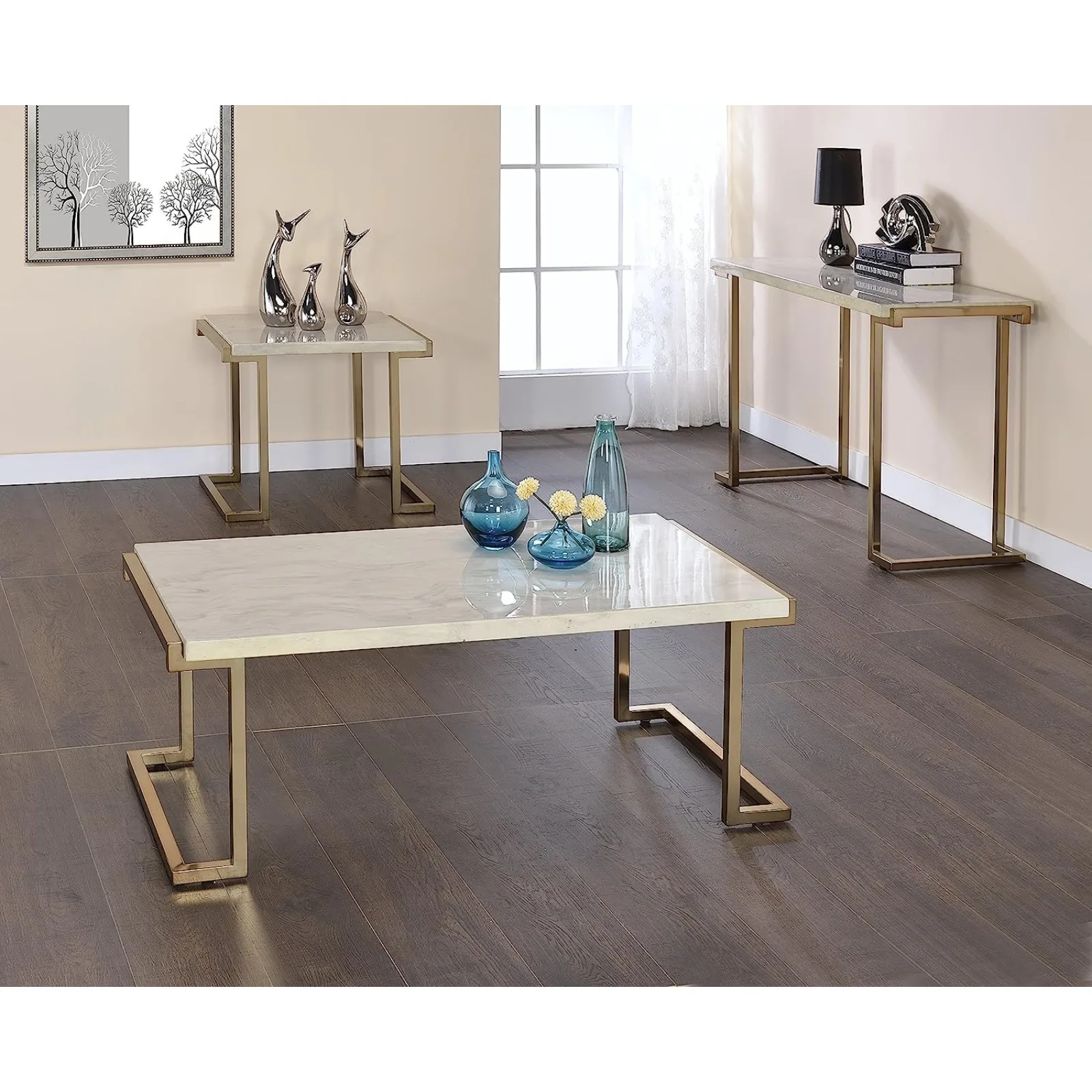 US Boice II Rectangular Faux Marble Top Console Table in Champagne Beige