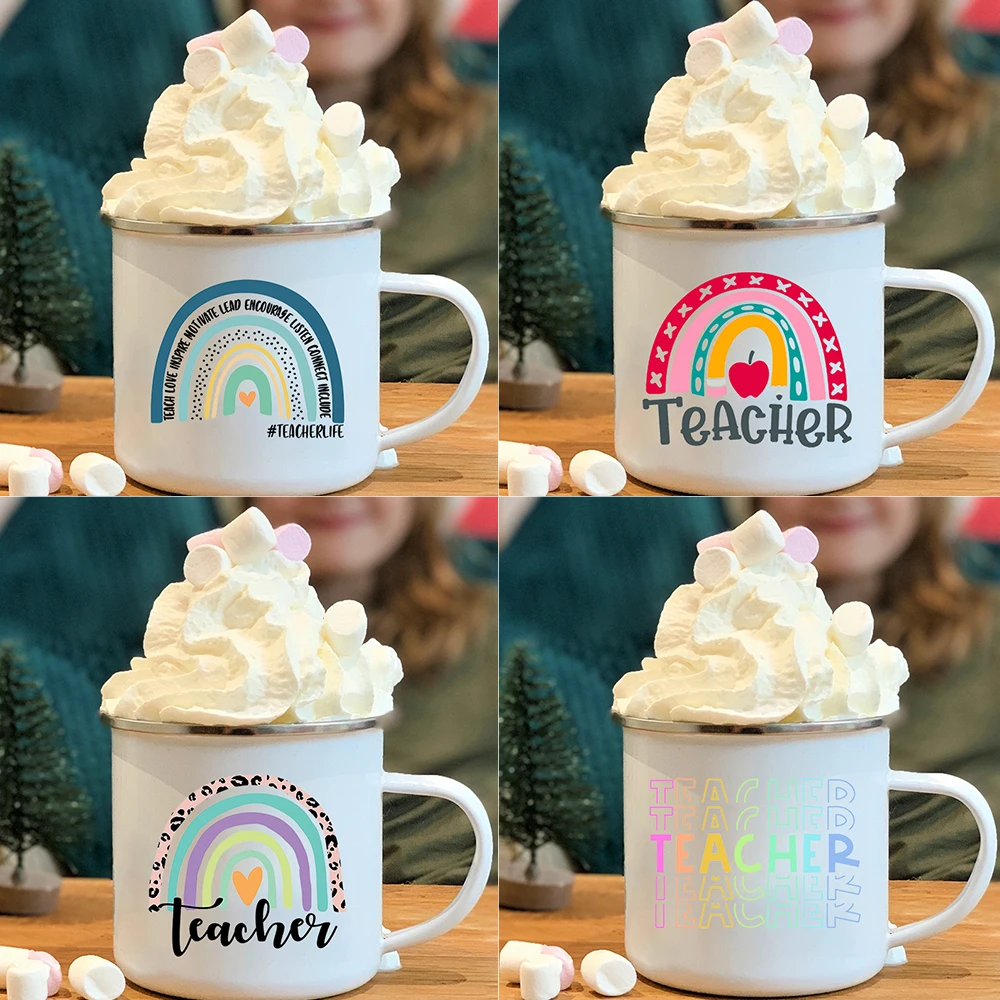 

Teacher Rainbow Creative Enamel Mugs Travel Coffee Tea Cups Home Office Drink Juice Milk Water Mug Personalize Holiday Gifts