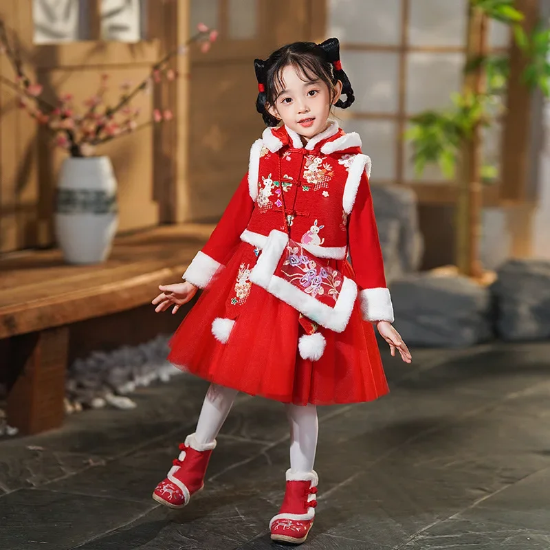 

Новинка зимнее плотное платье для девочек Qipao Hanfu сказочное детское платье принцессы вышитая китайская Новогодняя одежда поздравительное платье