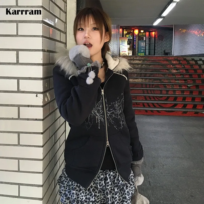 Karrram Japanese Y2k Fur Hooded Coat Grunge Aesthetics Tattoo