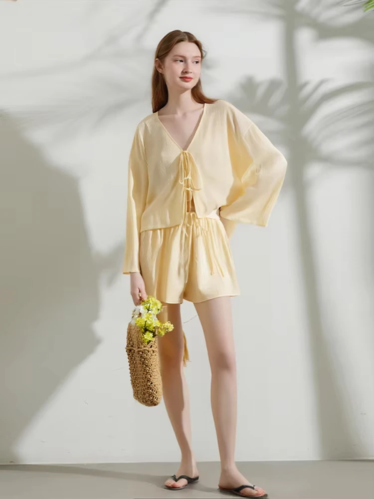 HH Women Yellow Shirts Shorts Suits V Neck Long Sleeve Lace Up Blouse Casual Drawstring Shorts Solid Office Lady Sets