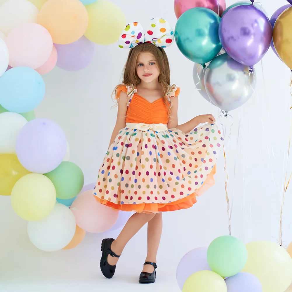 

Cap Sleeves Dot Flower Girl Dresses Children Christmas New Year Costume 3-10 Years Kids Short Princess Birthday Party Dress