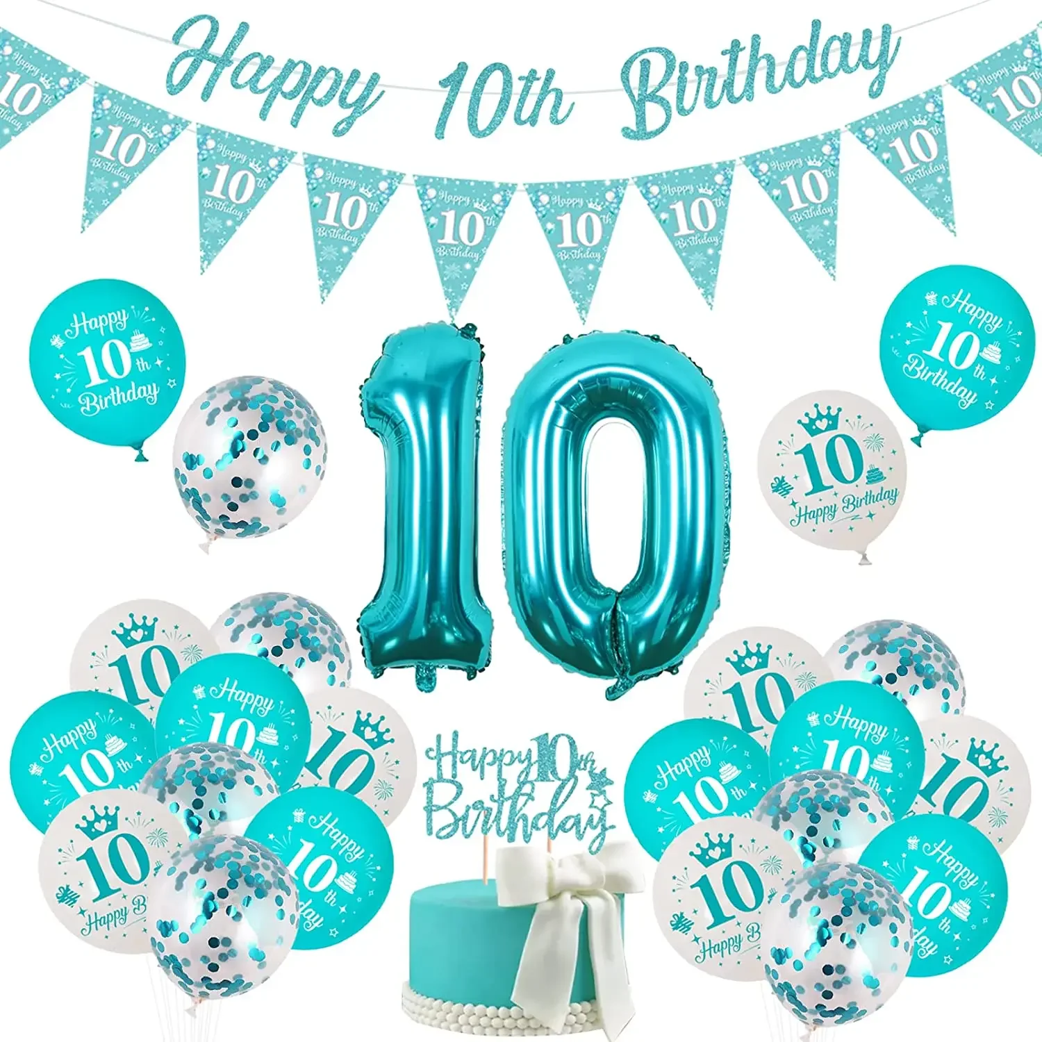 

10th Birthday Party Decorations Girls Teal Blue Double Digits Bunting Banner Blue Balloons 10 Year Old Birthday Party Supplies