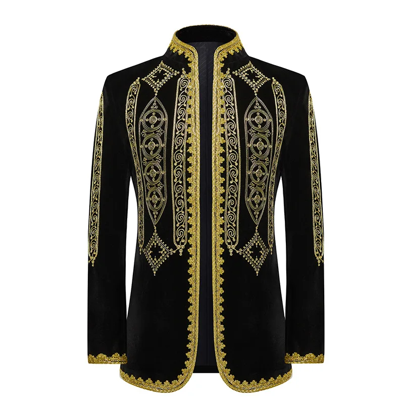

2023 Luxury Baroque Floral Embroidery Velvet Suit Jacket Men Stand Collar Slim Fit Cardigan Blazer Jacket Party Wedding Dinner