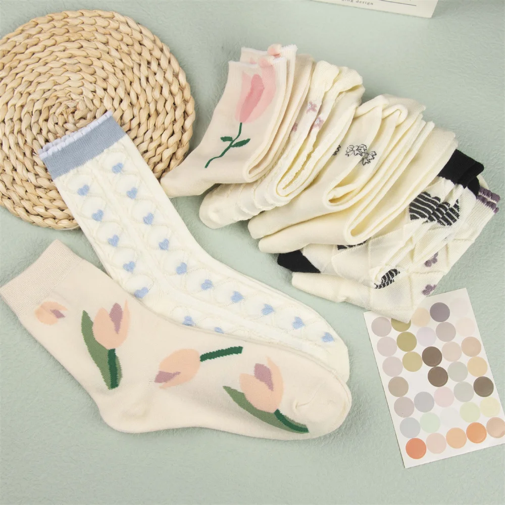 

8pcs Autumn and Winter Girl Pink Love Mid tube Socks Cotton Socks Long tube Cute Versatile Korean Japanese Combination
