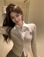 College Sle ort Knitted Cardigan Women's Autumn Design Sense Splicing Slimming Base irt Korean Version  Collar Butt...