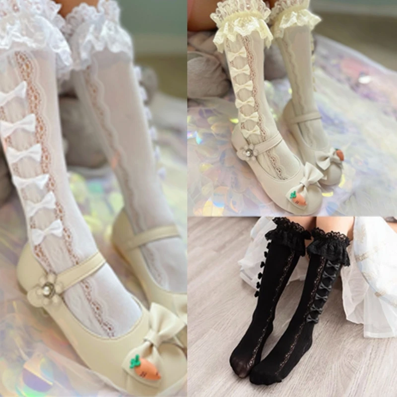 

Children Butterfly Bows Lace Trim Stockings Comfortable Hollowed Out Piled Up Socks Solid Color for School and Festivals