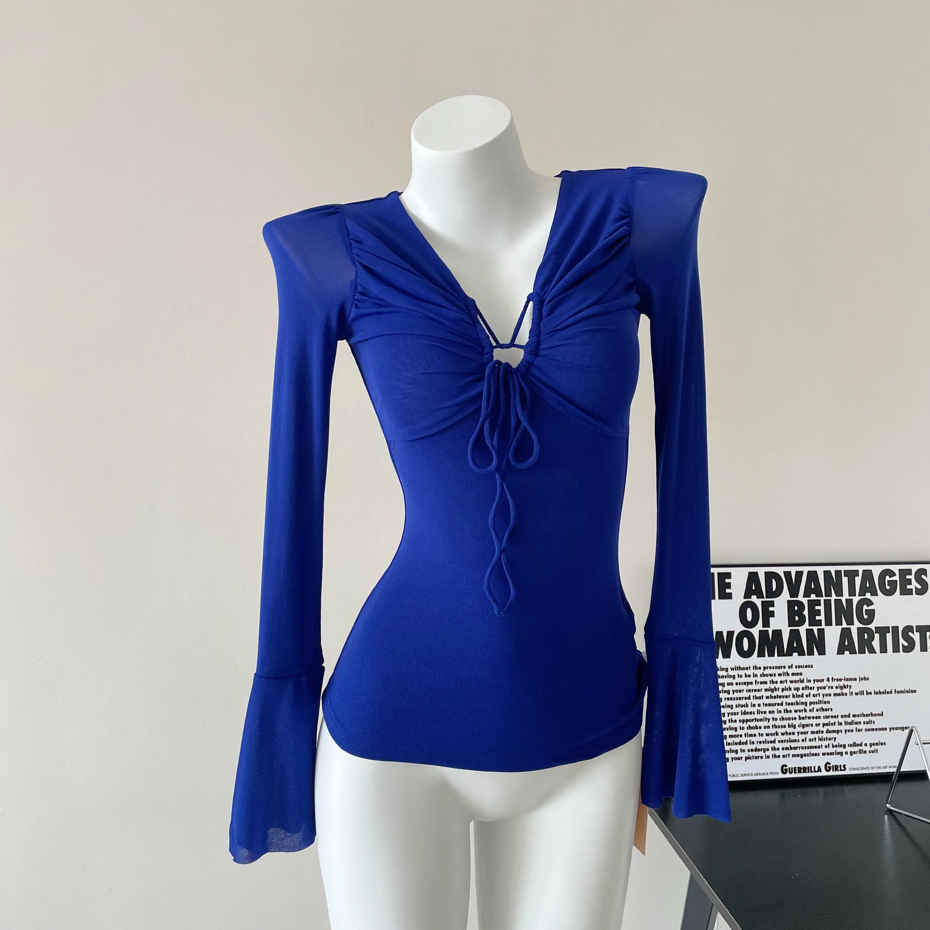 

Y2K Сексуальные облегающие топы с V-образным вырезом и длинным рукавом, однотонные крутые приталенные винтажные футболки на весну и осень