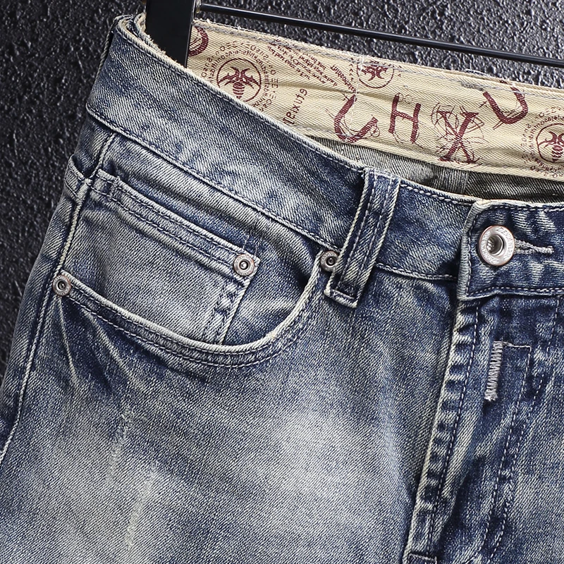 Italian Style Fashion Men Jeans Retro Washed Blue Elastic Slim Fit Ripped Jeans Men Trousers Vintage Designer Denim Pants Hombre