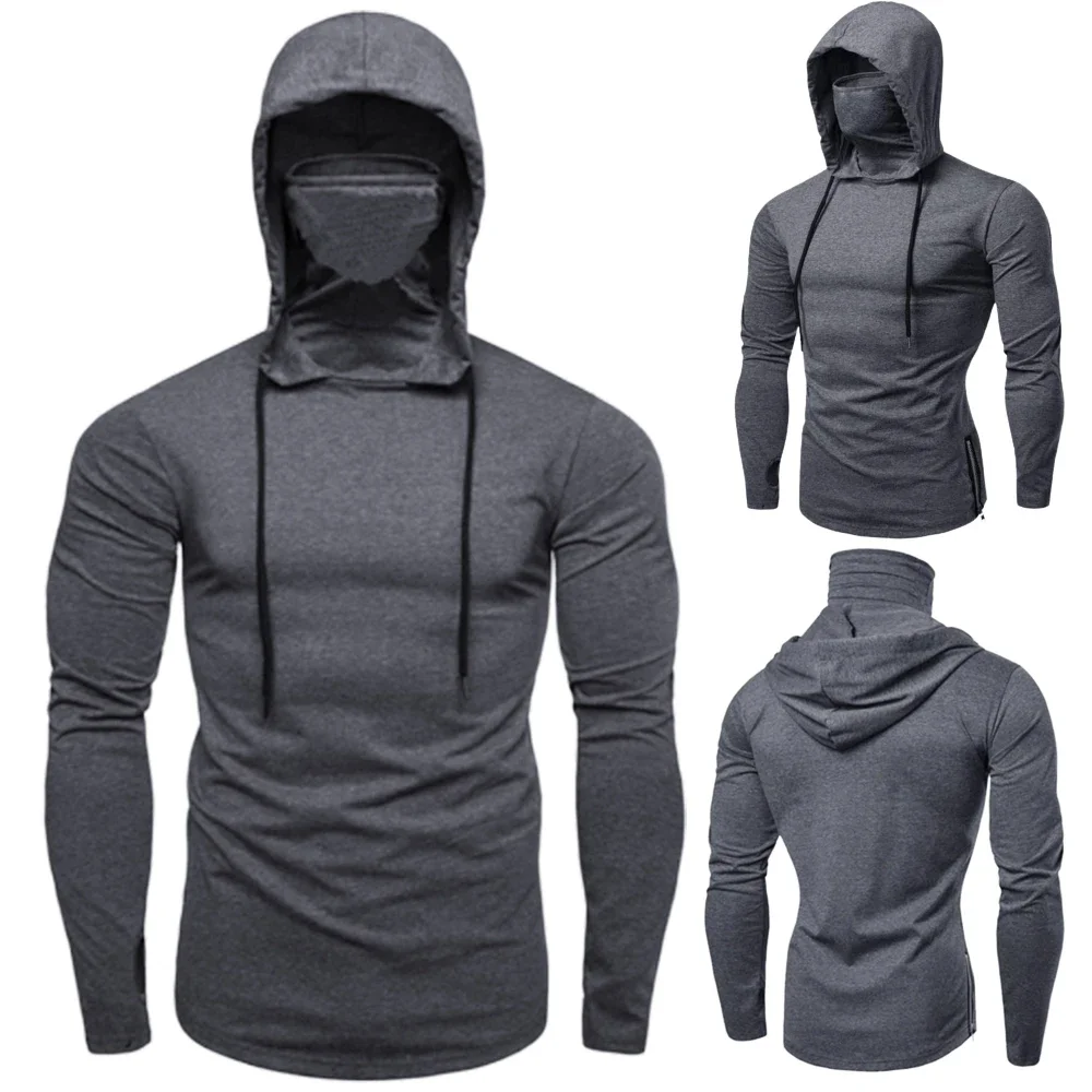 Men Casual Solid Black Gray Hoodies with Mask Long Sleeve Hooded Sweatshirt for Man Sport Fitness Gym Pullover Top Plus Size 5XL