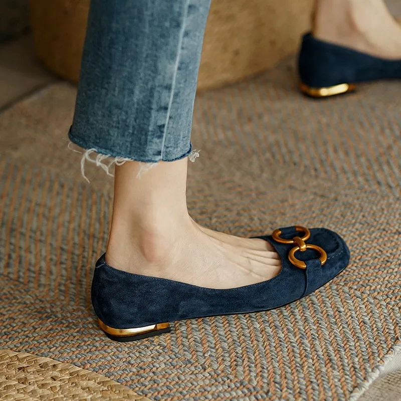 Ladies Flat Shoes Retro Square Toe Leather Loafers for Women Spring Casual Flats Elegant Metal Buckle Female Shoes women shoes