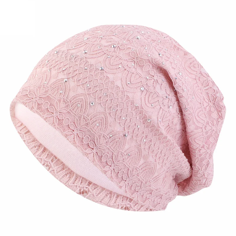 Winter Hats For Women Men Lace Rhinestone Breathable Turban Hat Windproof Warm Cap Female Beanie Hip Hop Bone Gorro Ponytail Hat 4