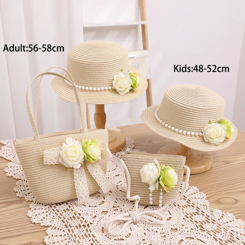 French Elegant Retro Summer Straw Hat Bag Set for Women and Girls Pearl Floral Hat Mom Kid Holiday Outdoor Travel Beach Sun