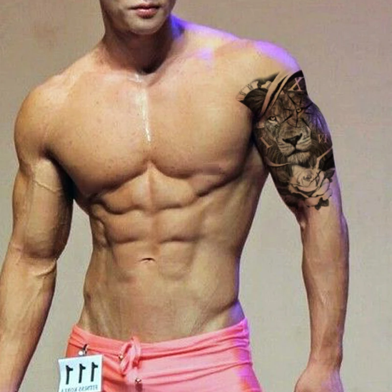 

Clock Rose Flower Tattoo Sticker Fake Lion Compass Waterproof Temporary Tattos for Women Men Black English Letter Totem Tatoo