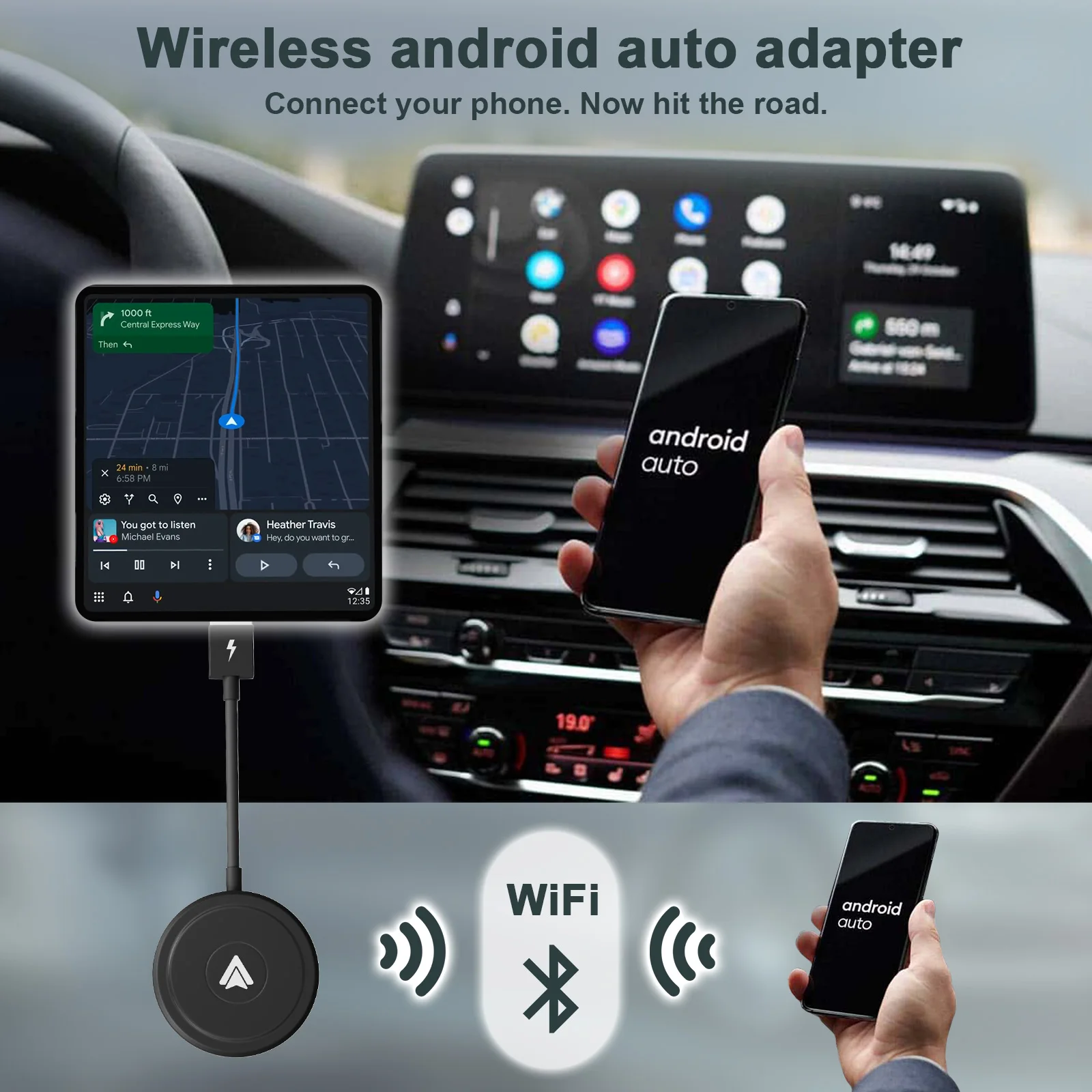 Wireless Android Auto Adapter/Dongle for OEM Factory Wired Android Auto Cars Converts Wired to Wireless Easy Setup Plug & Play