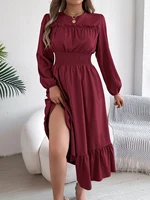 Autumn and Winter Casual Elegant Solid Color Round Neck Long Sleeved Waist Cinched Lotus Leaf Edge Dress Women Clothing - Image 4