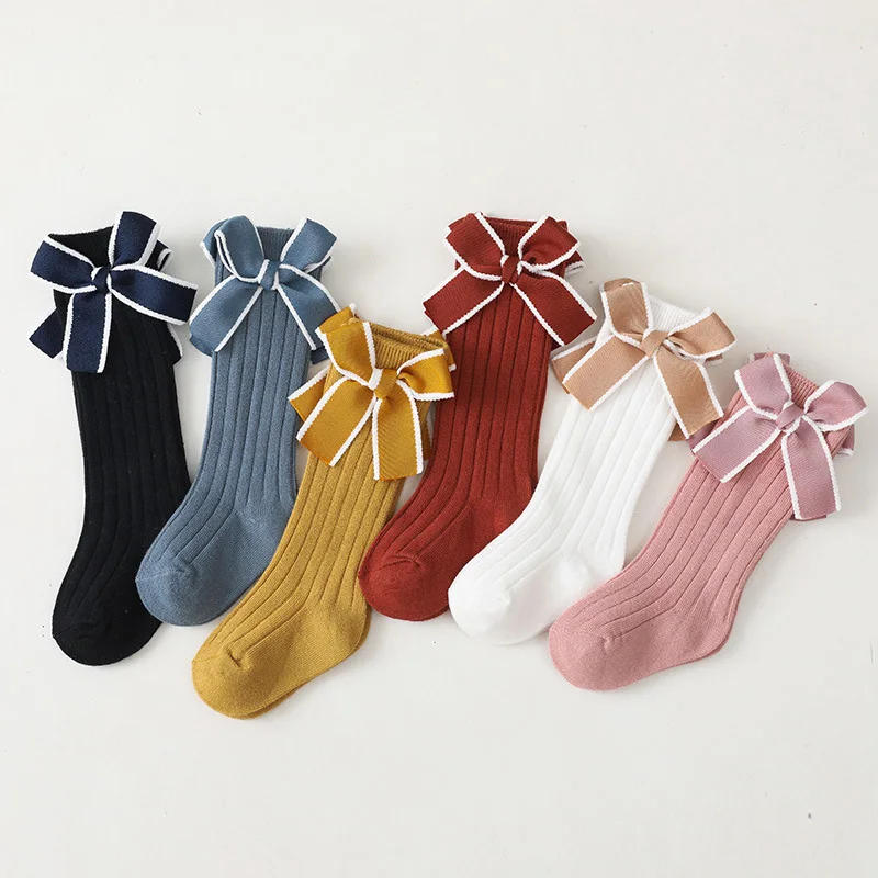 

New Baby Girls Stripe Bows Socks Knee High Soft Cotton Kids Long Socks Children Floor Socks Princess Style For 0-5 Years