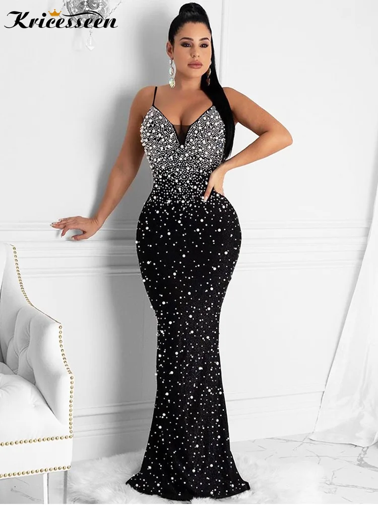 Kricessee مثير الأبيض كريستال الماس فستان ماكسي جديد المرأة حزام مفتوح الذراعين Bodycon حفلة كلوبوير فستان طويل