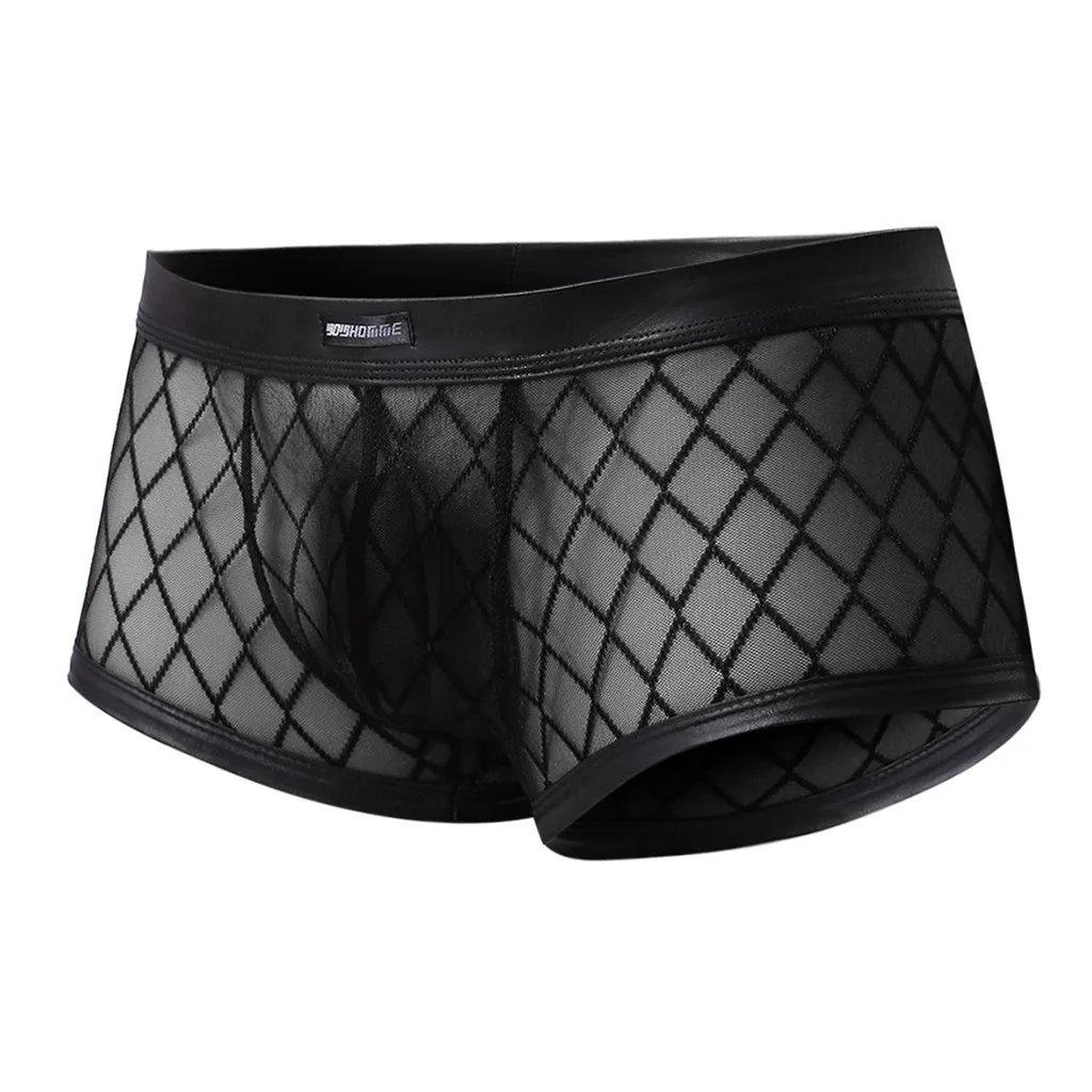 Men's Fun Underwear Lace Checkered Transparent Mesh Low Waist Small Flat Corner Pants Interior Breathable Hombre Hole Large Size