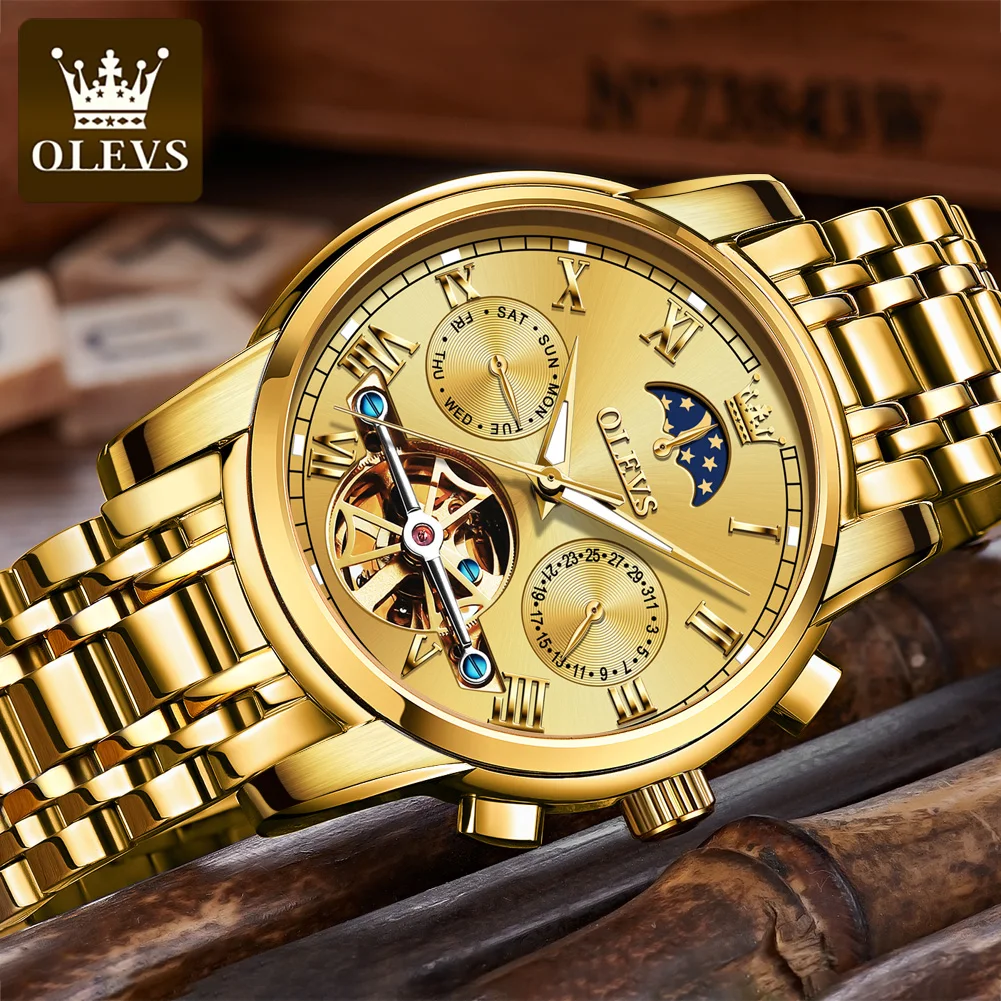 OLEVS Top Brand Luxury Tourbillon Mechanical Watch for Men Stainless Steel Waterproof Moon Phase Gold  Automatic Watches Mens