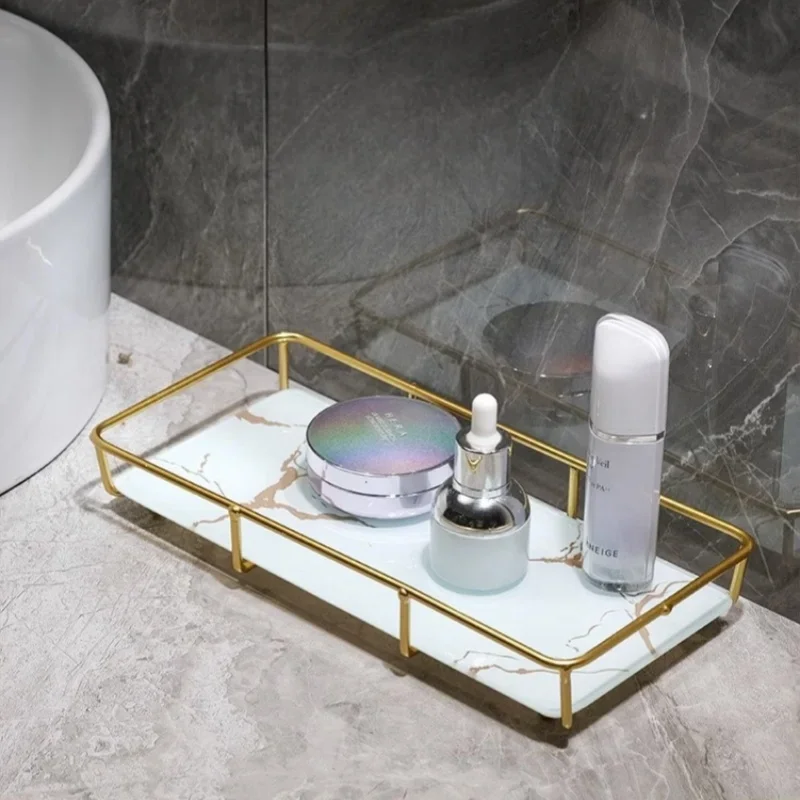 Metal Marbled Glass Tray Decorative Storage Rack Desktop Organizer Cosmetic Shelf Display Stand Bathroom Storage Shelves makeup organizer bathroom shelf rack bathroom storage rack storage tray countertop storage rack