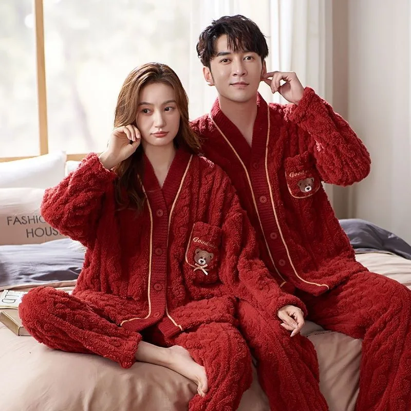 

New Couples' Pajamas Women Plush Thick Coral Velvet Loungewear Autumn Winter Sleepwear Sets Men Flannel Warm Homewear