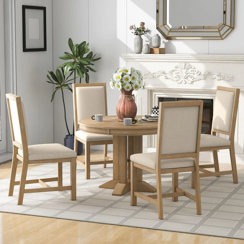 5-Piece Dining Sets, Farmhouse Kitchen Table Set-Extendable Round Table and 4 Upholstered Chairs for Kitchen, Living Room