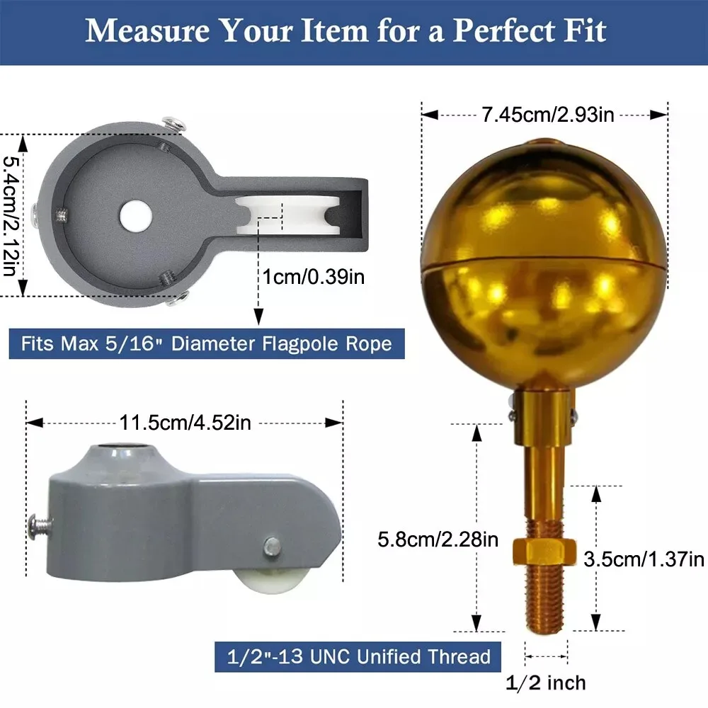 Aluminum Alloy Flag Pole Tool Set Nylon Braided Rope 3 Inch Golden Ball Flag Pole Hardware Repair Kit Metal Clips Upgrade