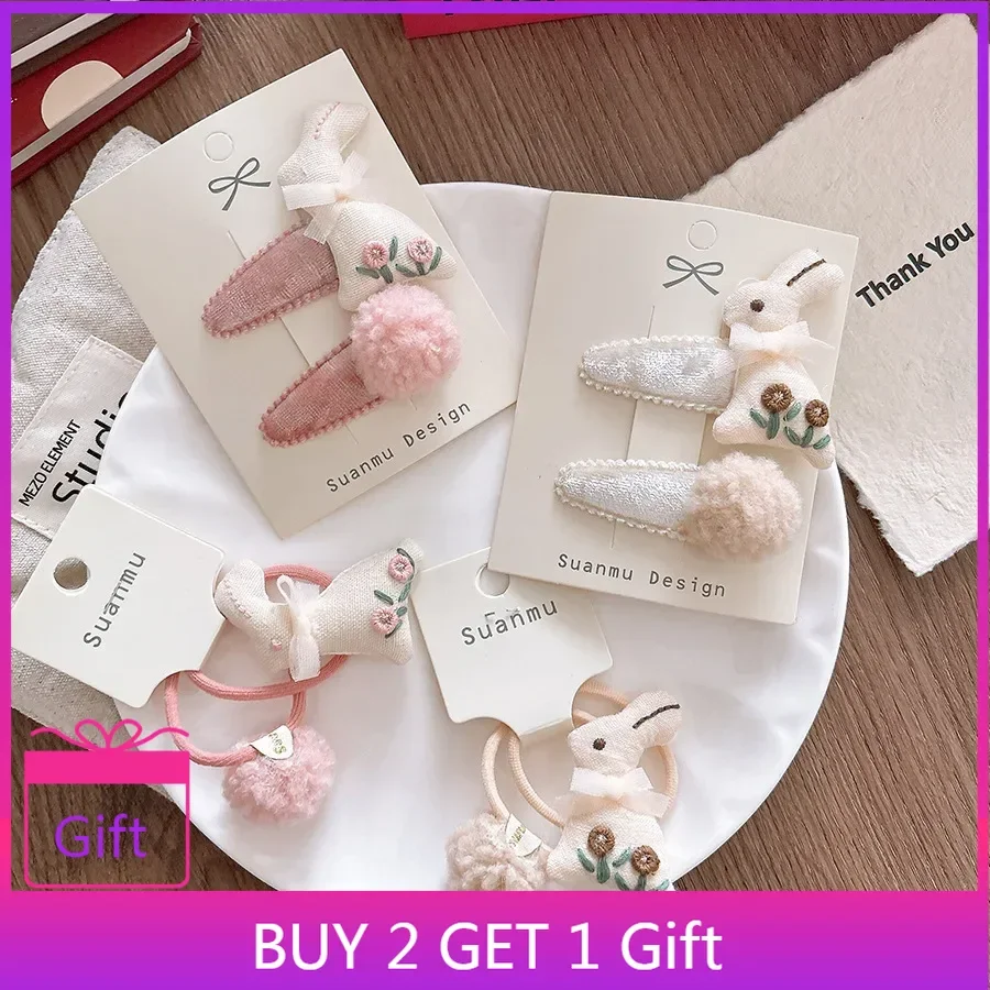 872021-72e3a3.jpg Autumn Winter Sweet 3D Embroidery Cute Rabbit Baby Velvet BB Clips Side Hairpins Girls Sakura Pink Fluffy Pom Pom Hair Ties - Image 1