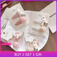Autumn Winter Sweet 3D Embroidery Cute Rabbit Baby Velvet BB Clips Side Hairpins Girls Sakura Pink Fluffy Pom Pom Hair Ties