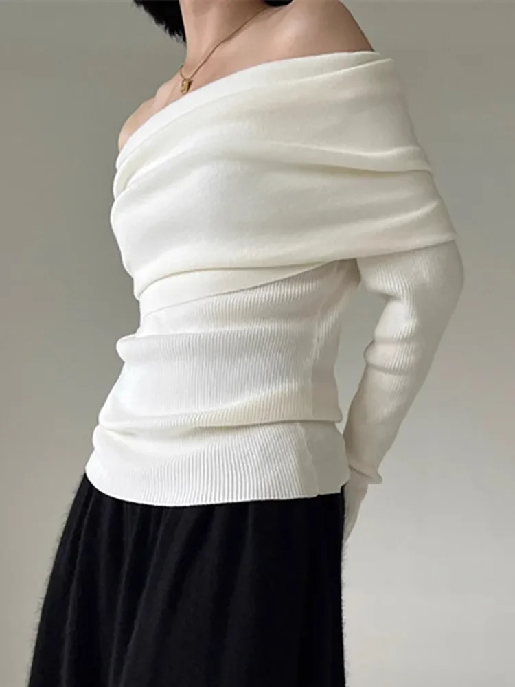 Autumn Winter Off Shoulder Women Sweaters Elegant Vintage Knitted Solid Jumper High Stretch Top Soft Chic Pullovers 2025 4
