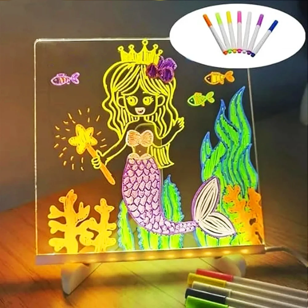 LED Note Board With Night Light Colorful 7 Pens DIY Acrylic Message Board Children‘s Drawing Board For Kids Birthday Gift 2