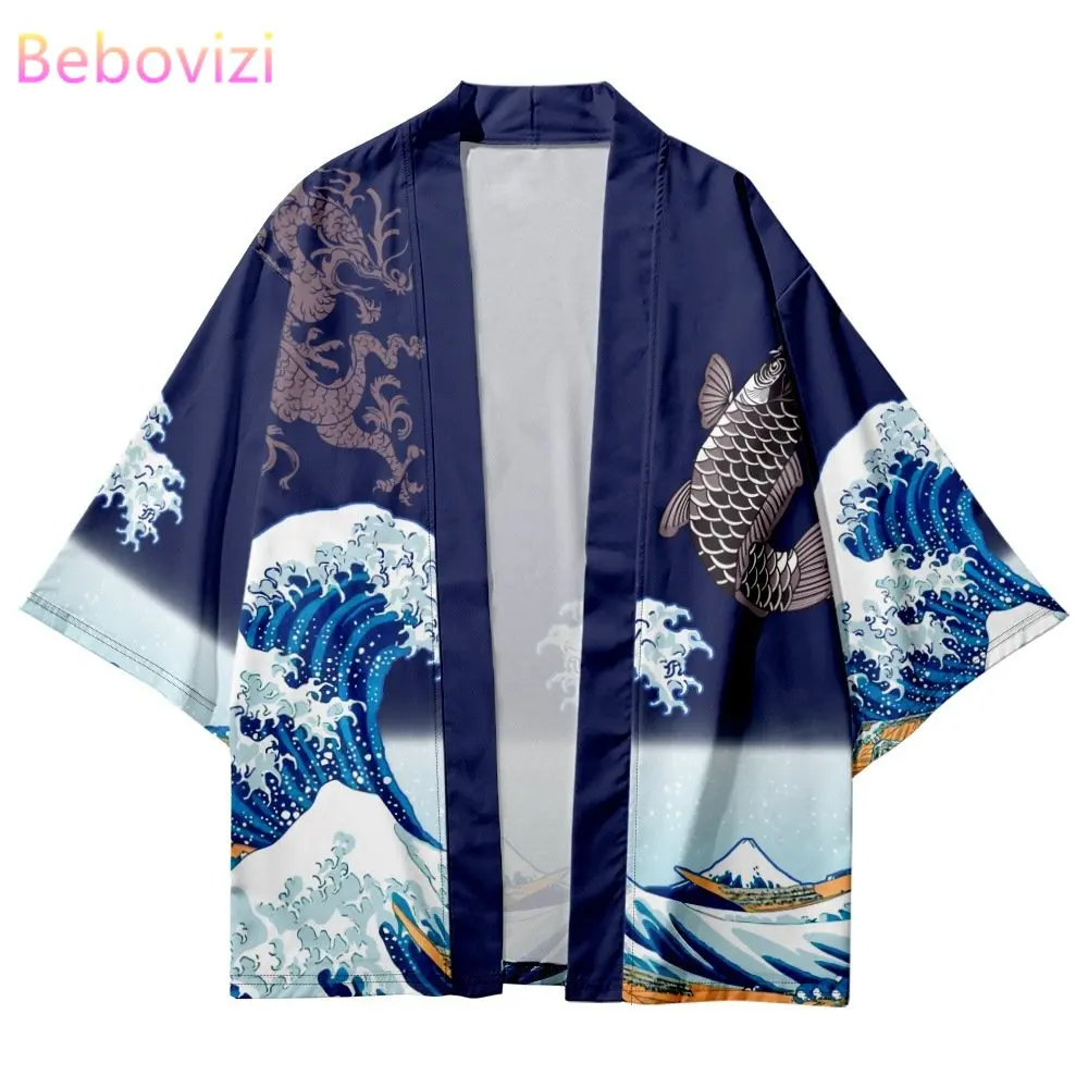 Japanese Kanagawa Waves Fish Print Cosplay Kimono Harajuku Women Men Cardigan Beach Yukata Fashion Traditional Haori Casual the great wave off kanagawa by the japanese ukiyo e artist hokusai hiroshige nature waves painting hd high qualit shower curtain