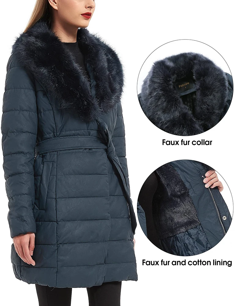 Giolshon Long Faux Leather Puffer Jacket Women Bubble Padding Coat Detachable Faux Fur Collar Down Coat Waterproof Outerwear