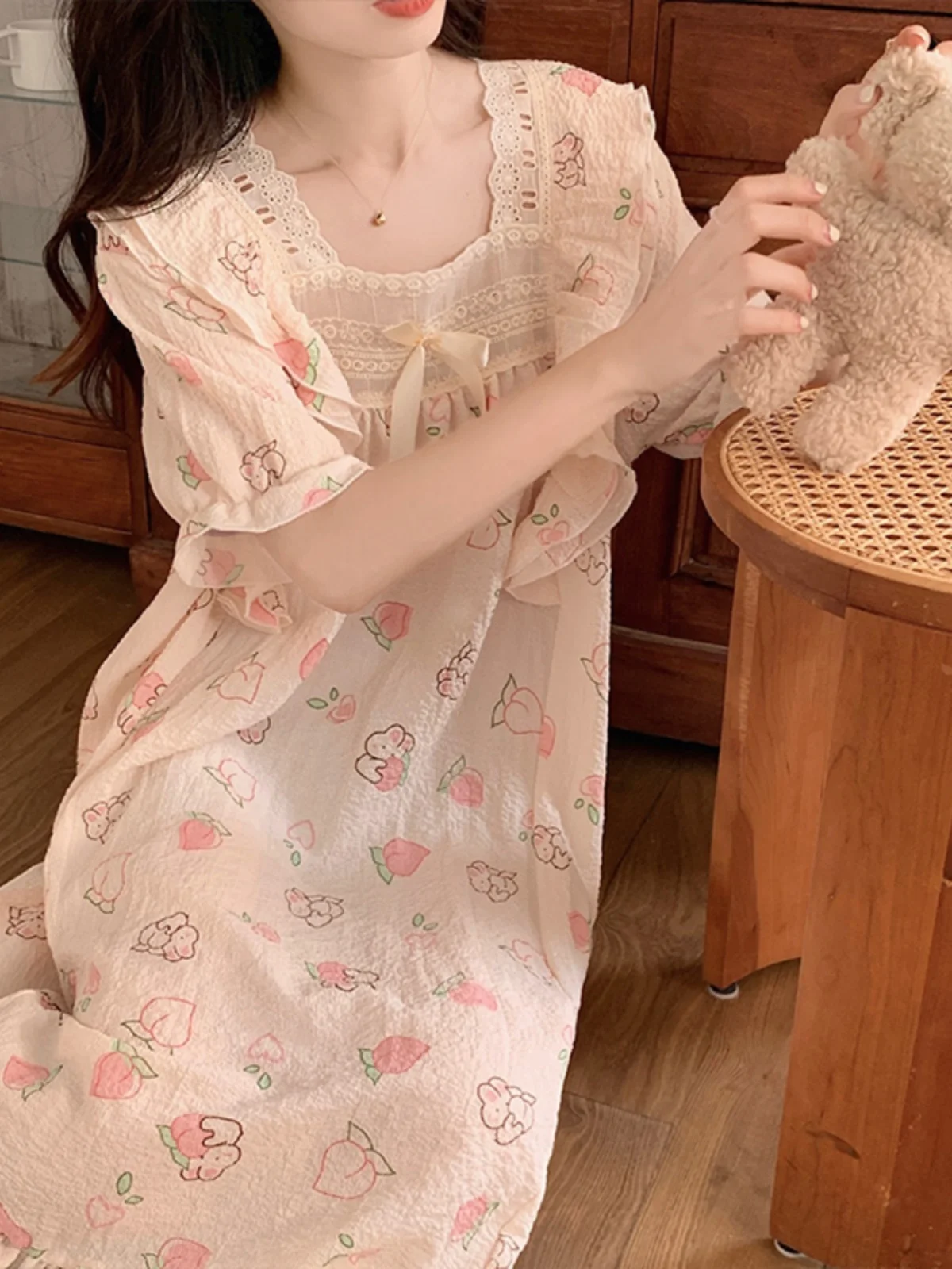 공주 스타일 순수 코튼 여름 잠옷 반팔 느슨한 여성 드레스 달콤한 귀여운 홈 의류 잠옷