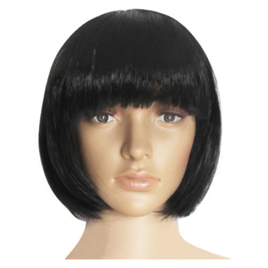 Dark Brown Bob Straight Synthetic Wigs with Full Bangs Black Short Hair Wigs for Women Daily Cosplay Party Heat Resistant Use