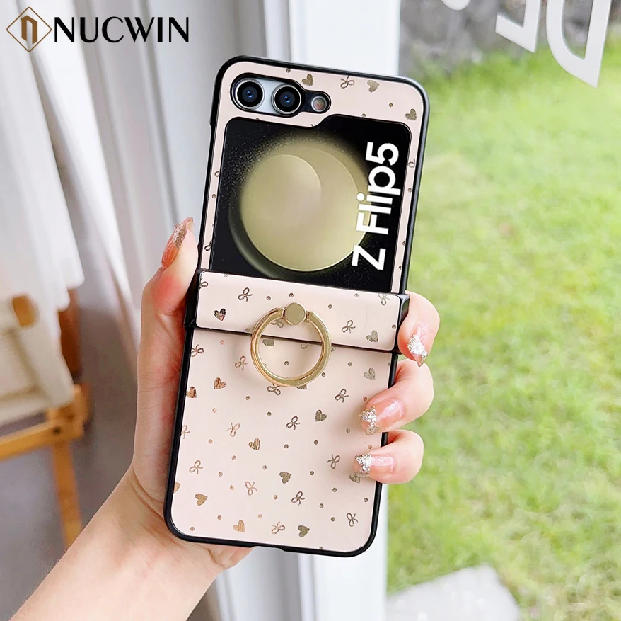Per Samsung Galaxy Z Flip 5 4 Fashion Ring Holder Custodia Per Telefono Per Samsung Z Flip 5 Z Flip 4 Zflip3 Heart Star Pattern Stand Cover