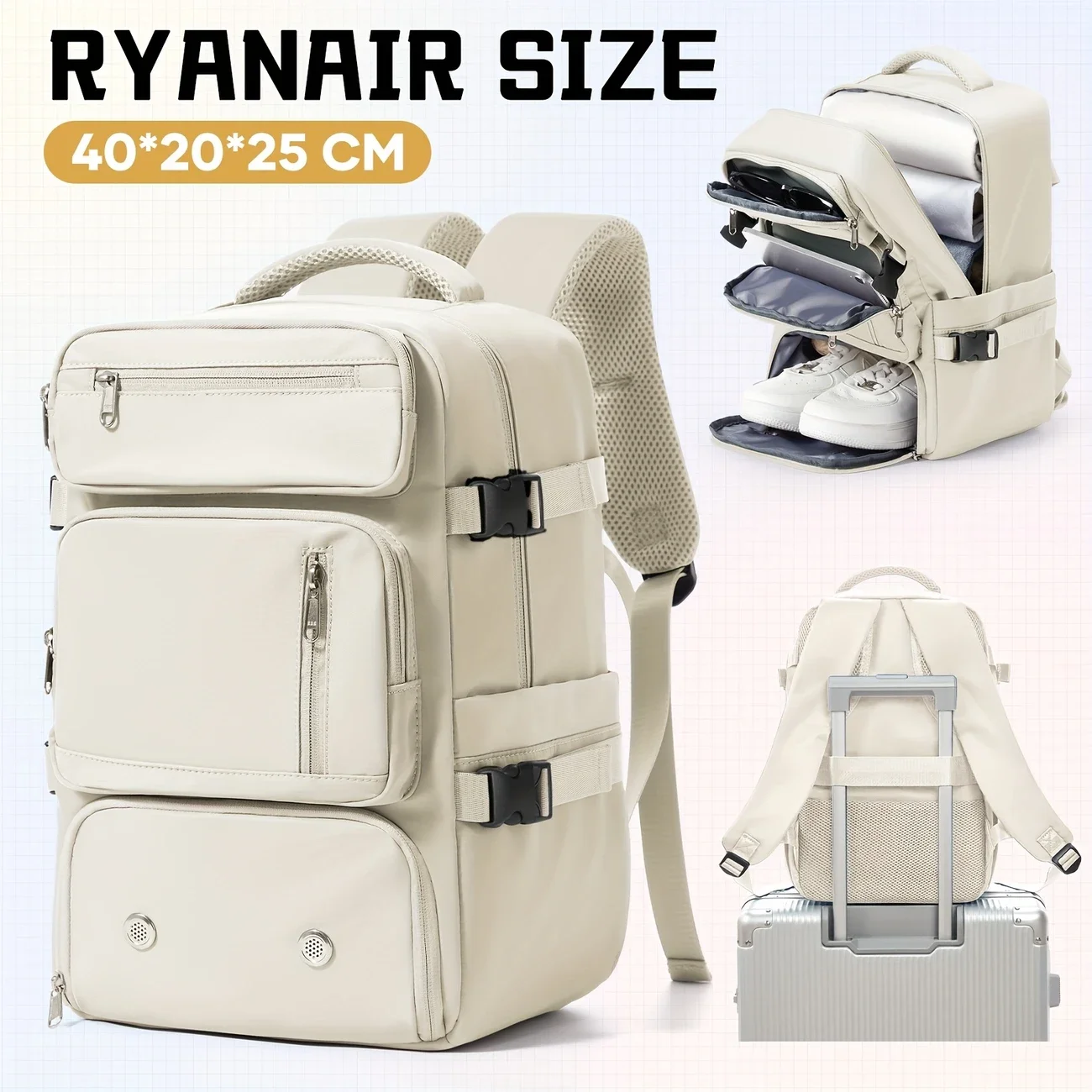 Ryanair Cabin Bags 40x20x25 Underseat Travel Backpack Multi-Functional Nylon Carry-On Shoe Compartment Carry-On Approved Handbag