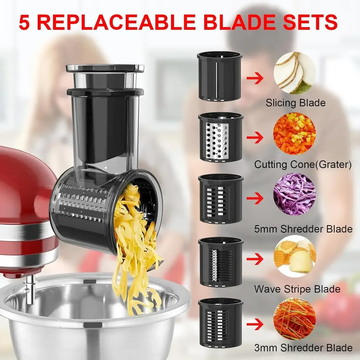 For all KitchenAid Stand Mixe Slicer Shredder Attachment with 5 Blades, Large Feed Chute Cheese Grater Attachment