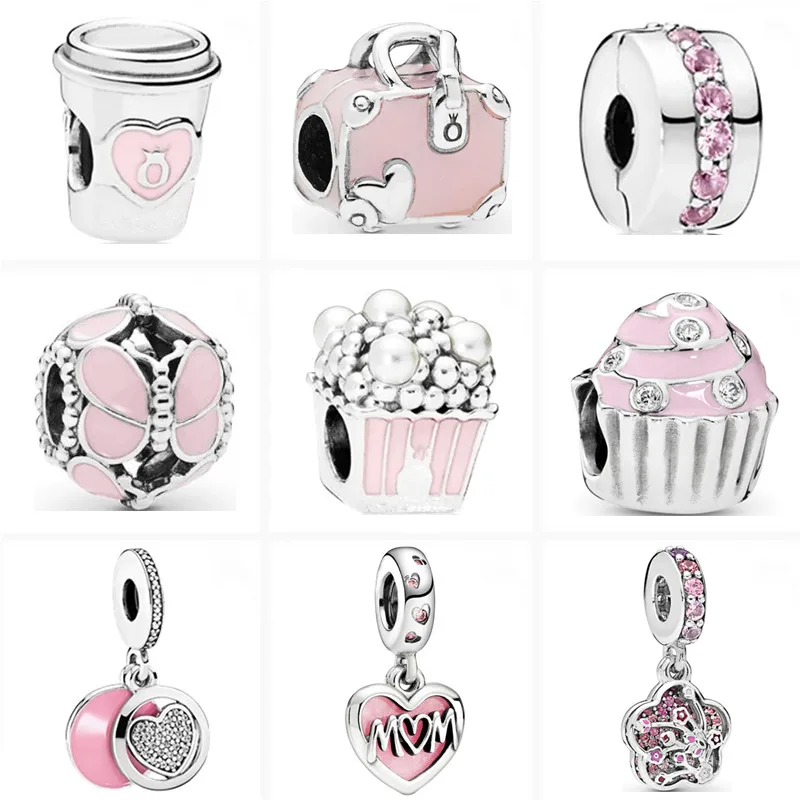 

New Pink Style Butterfly Flowers Cup Suitcase Sweet Charm Clip Bead Fit Original Pandora Silver Color Bracelet DIY Women Jewelry