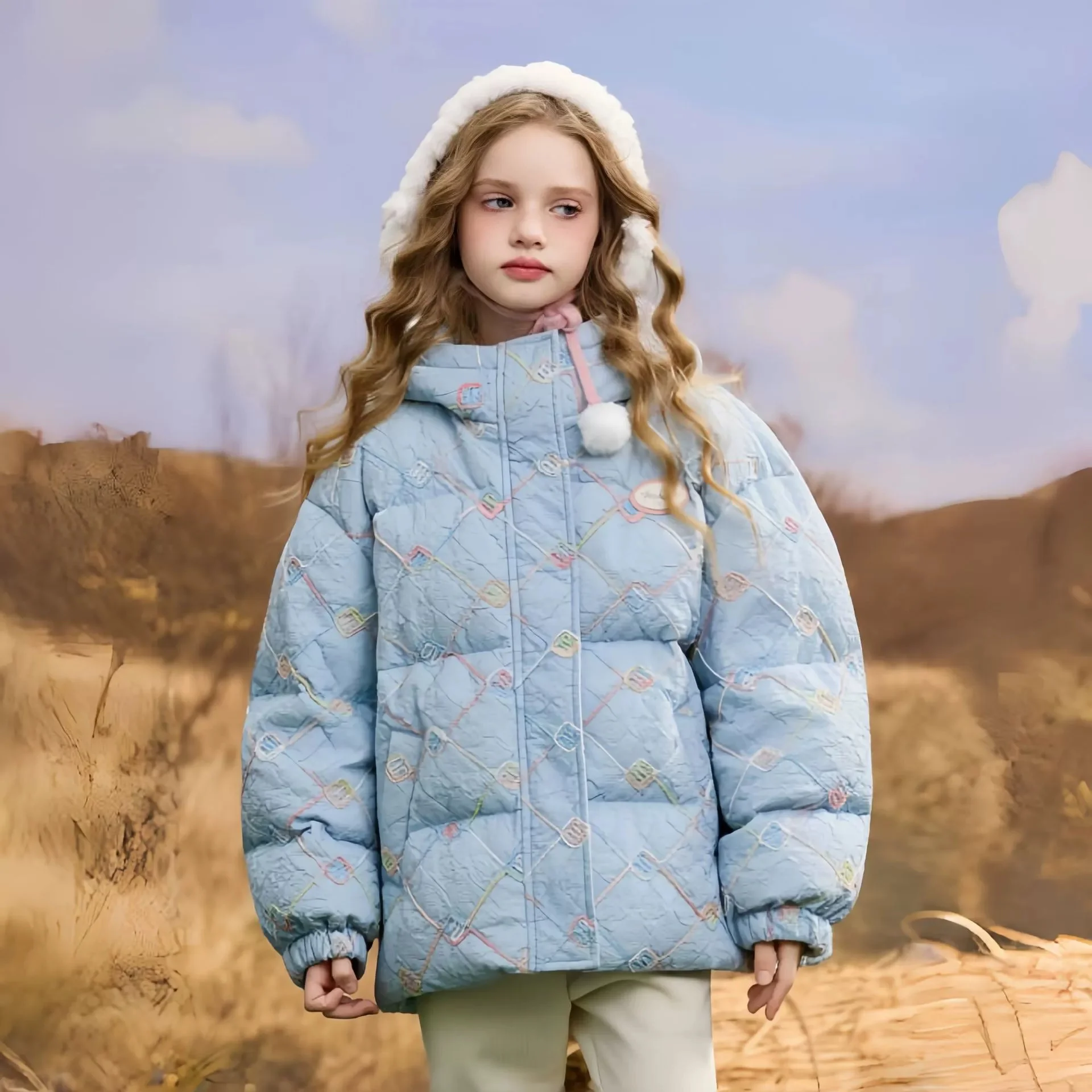 5-12세 여아용 플로럴 다운 코튼 재킷 겨울 신상 아동 후드 브레드 코트 프린세스 두꺼운 파카 120-170cm