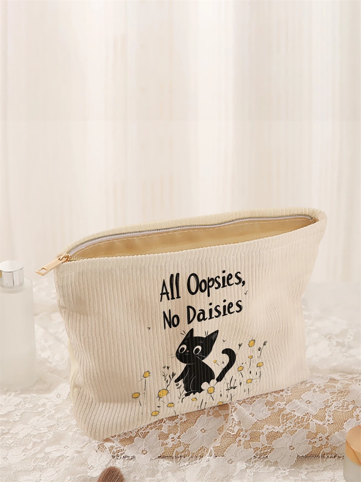 1 cartoon black cat pattern printed corduroy makeup bag, lightweight zipper makeup storage box, multifunctional bag with lining