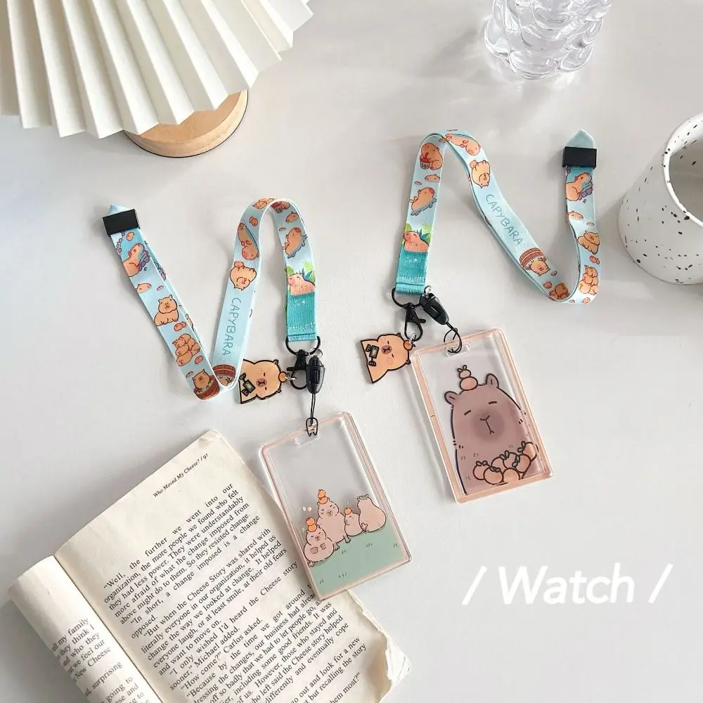 Sliding Cartoon Card Case Acrylic Bus Card Cover Capybara Holder ID Long Cord Transparent Holder