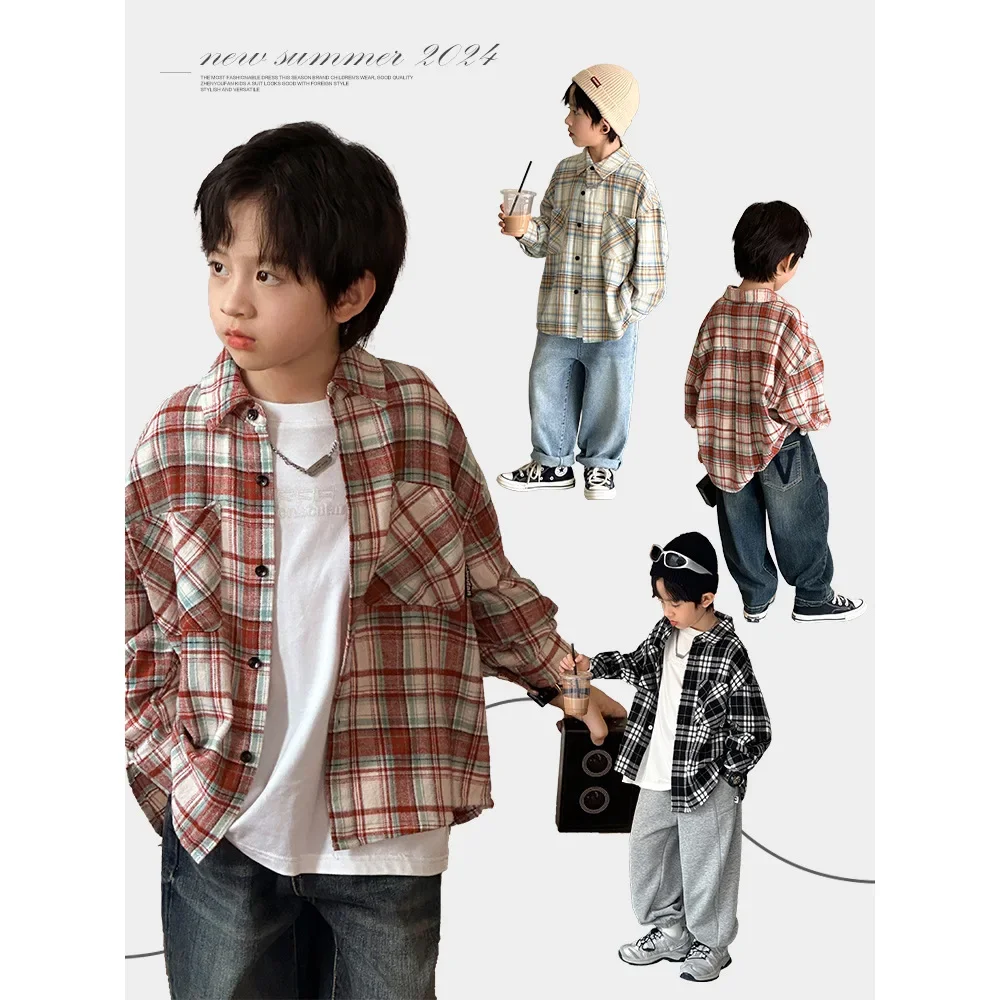 Trendy Plaid Long Sleeve Shirt for Boys Children's Clothing Spring Autumn Middle Large Children Boy's Shirt