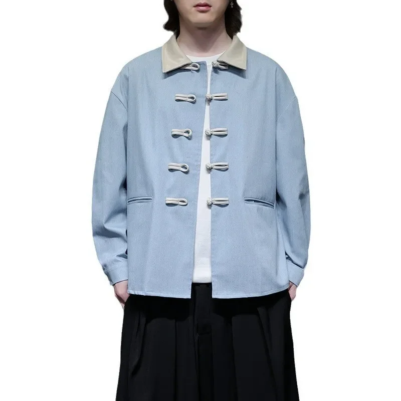 Autumn Winter Men's Denim Jacket Button up Collar Retro Chinese Style Coat Casual Western Suit for Men Origin China